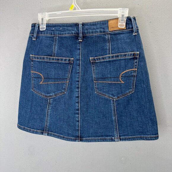 American Eagle Denim Jean Skirt 4 Hi Rise Super Stretch Blue Button Front Mini - Picture 3 of 6
